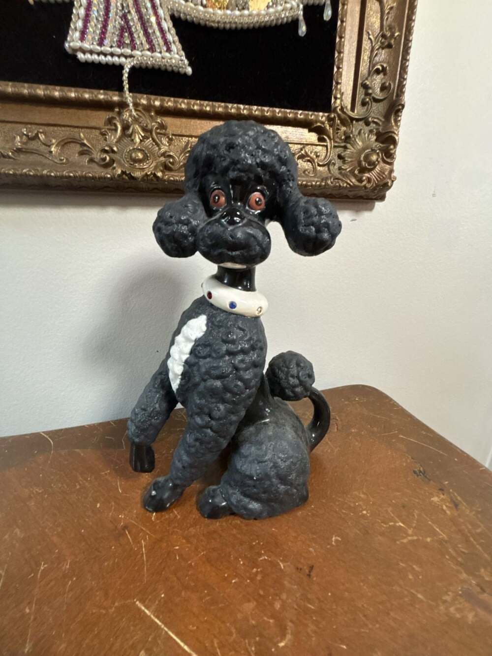 Vintage Mid-Century Modern Black Ceramic Poodle Figurine with Rhinestone Collar